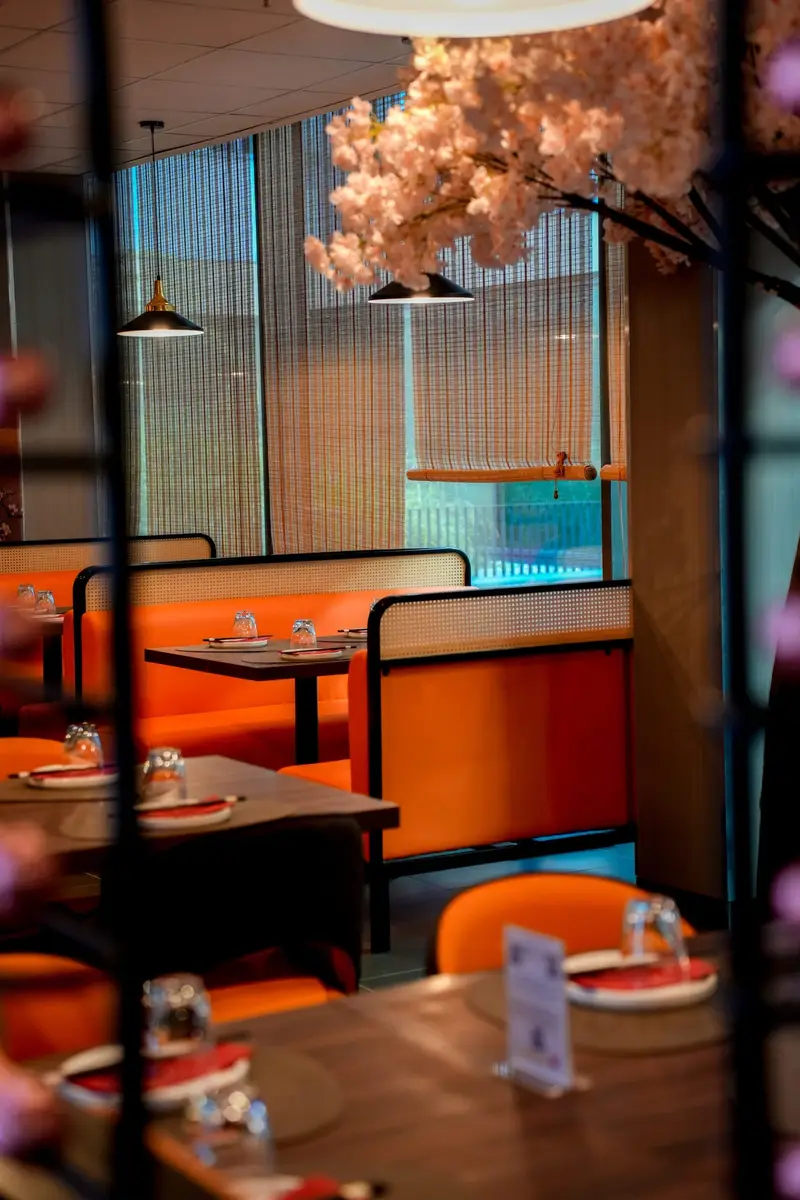 Warmer Innenraum mit Kirschblüten und orangen Sitzbänken